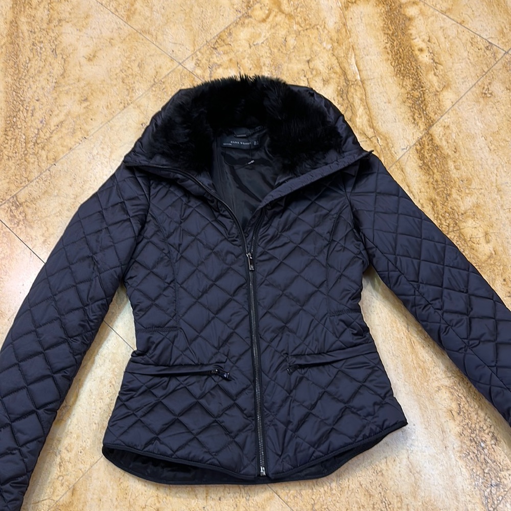Zara black quilted jacket with faux fur trim